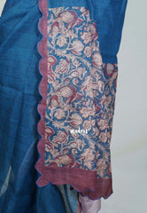 Ateneo Blue with Scallop - Pragathi - Linen Cotton Saree with Scallop Border Floral Print Pallu and Blouse - Perfect for Office Wear | Summer wear | Casual Wear