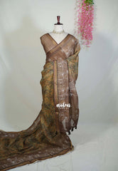 Olive Brown - Pragathi - Linen Cotton Saree with Art Prints and Tissue Border - Perfect for Office Wear | Summer Wear | Casual Wear