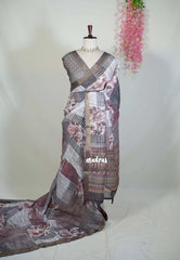 Muted Mauve Grey - Pragathi - Linen Cotton Saree with Floral Prints and Tissue Border - Perfect for Office Wear | Summer Wear | Casual Wear