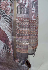 Muted Mauve Grey - Pragathi - Linen Cotton Saree with Floral Prints and Tissue Border - Perfect for Office Wear | Summer Wear | Casual Wear