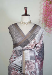 Muted Mauve Grey - Pragathi - Linen Cotton Saree with Floral Prints and Tissue Border - Perfect for Office Wear | Summer Wear | Casual Wear