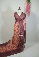 Rust Peach - Linen Cotton Saree Geometric Prints with Tissue Border - Perfect for Office Wear | Summer wear | Casual Wear