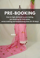 (PRE-BOOKING) White with Pink - Linen Cotton Saree Madras Checks with Rose Flower Prints - Best for Office Wear | Casual Wear