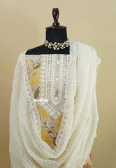 Amitha – Pastel Mustard yellow Premium pre-washed handspun cotton suit with hakoba mul cotton dupatta