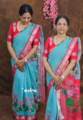 Sky Spark - Linen Cotton with Divine Lotus Border with Mangalgiri Border - Best for Small Functions