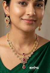 Premium 1 Gram Gold polish AD Stone Trendy Layered Pink Stone Necklace with Earrings