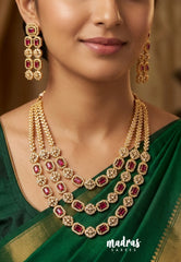 Premium 1 Gram Gold polish AD Stone Trendy Bridal Multi Layer Reddish Pink Stone Necklace with Earrings