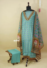 Amitha – Muted Aqua Blue – premium Chanderi silk salwar with pichwai printed dupatta hand stitched kantha border suit