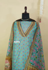 Amitha – Muted Aqua Blue – premium Chanderi silk salwar with pichwai printed dupatta hand stitched kantha border suit