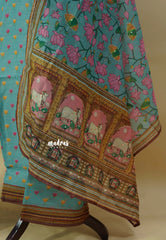 Amitha – Muted Aqua Blue – premium Chanderi silk salwar with pichwai printed dupatta hand stitched kantha border suit