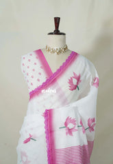 Snow White with Lace - Soft linen cotton saree with Lotus Prints with Lace Border - Perfect Office Wear | Casual Wear