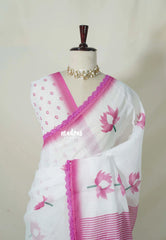 Snow White with Lace - Soft linen cotton saree with Lotus Prints with Lace Border - Perfect Office Wear | Casual Wear
