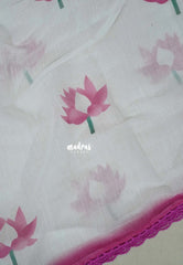 Snow White with Lace - Soft linen cotton saree with Lotus Prints with Lace Border - Perfect Office Wear | Casual Wear