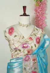Sky Spark Blue - Premium Organza Silk Saree with Big Lace Embroidery Border - Best for Engagements / Haldi / Reception / Party Wear