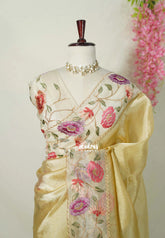 Shiny Gold - Premium Organza Silk Saree with Big Lace Embroidery Border - Best for Engagements / Haldi / Reception / Party Wear