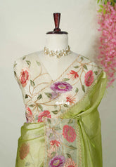Lime Mist Green - Premium Organza Silk Saree with Big Lace Embroidery Border - Best for Engagements / Haldi / Reception / Party Wear