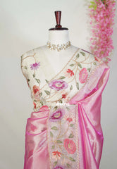 Rosy Gold Pink - Premium Organza Silk Saree with Big Lace Embroidery Border - Best for Engagements / Haldi / Reception / Party Wear