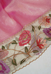 Rosy Gold Pink - Premium Organza Silk Saree with Big Lace Embroidery Border - Best for Engagements / Haldi / Reception / Party Wear