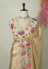 Pale Gold - Premium Organza Silk Saree with Big Lace Embroidery Border - Best for Engagements / Haldi / Reception / Party Wear
