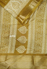 Premium printed silk checks weaving thilagam border - yellow ochre