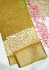Premium printed silk checks weaving thilagam border - yellow ochre