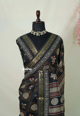 Nightfall Black - Premium Printed Silk Digital Print with Mango Zari Border - Best for Office Wear | Casual Wear