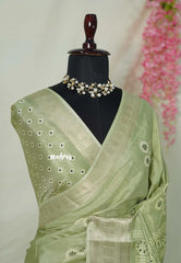 Pastel Green - Premium Printed Silk Floral Print with Zari Border - Best for Office Wear | Casual Wear
