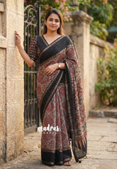 Multicolor with Black - Premium Ajrakh Modal Style Printed Silk with Rettapet Rudraksham Border - Best for Small Funtions