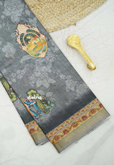 Premium printed silk mugal painting prints Elephants - Grey