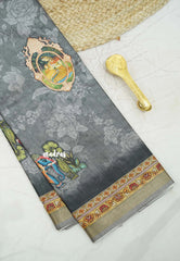 Premium printed silk mugal painting prints Elephants - Grey