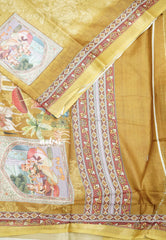 Premium printed silk mugal painting prints Elephants - Golden yellow