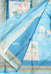 Premium printed silk mugal painting prints Elephants - sky blue