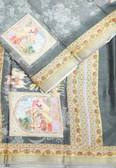 Premium printed silk mugal painting prints Elephants - Grey