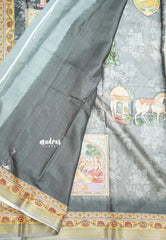 Premium printed silk mugal painting prints Elephants - Grey