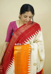 (PRE-BOOKING) Ivory Pearl - Anugraha - Premium Printed Silk with Ganga Jamuna Temple Border and Kattam body - Perfect for divine prayers, temple visits & small functions