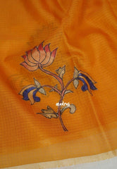 Orangish Yellow - Premium Kota Silk with Hand Painted Pen Kalamkari Applique Work - Best for Office Wear | Hightea Party