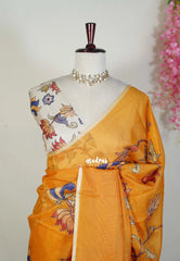 Orangish Yellow - Premium Kota Silk with Hand Painted Pen Kalamkari Applique Work - Best for Office Wear | Hightea Party