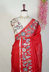 Tomato Red with Flower - Premium Kota Silk with Hand Painted Pen Kalamkari Applique Work - Best for Office Wear | Hightea Party