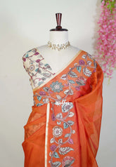 Bright Orange with Flower - Premium Kota Silk with Hand Painted Pen Kalamkari Applique Work - Best for Office Wear | Hightea Party