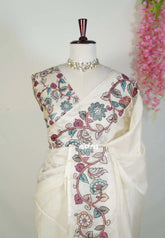 Ivory Cream with Flower - Premium Kota Silk with Hand Painted Pen Kalamkari Applique Work - Best for Office Wear | Hightea Party