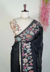 Nightfall Black with Flower - Premium Kota Silk with Hand Painted Pen Kalamkari Applique Work - Best for Office Wear | Hightea Party