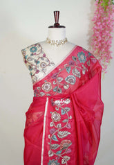 Crimson Pink with Flower - Premium Kota Silk with Hand Painted Pen Kalamkari Applique Work - Best for Office Wear | Hightea Party