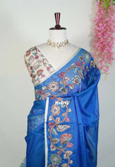 Royal Blue with Flower - Premium Kota Silk with Hand Painted Pen Kalamkari Applique Work - Best for Office Wear | Hightea Party