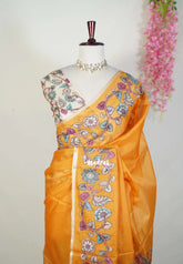 Orangish Yellow with Flower - Premium Kota Silk with Hand Painted Pen Kalamkari Applique Work - Best for Office Wear | Hightea Party