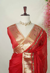 Spicy Red - Shalini - Premium Super Net Saree with Paithani Border Weaving Handstitched Embroidery - Best for Function Wear