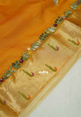 Saffron Yellow - Shalini - Premium Super Net Saree with Paithani Border Weaving Handstitched Embroidery - Best for Function Wear