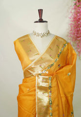 Saffron Yellow - Shalini - Premium Super Net Saree with Paithani Border Weaving Handstitched Embroidery - Best for Function Wear