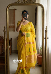 Marigold Yellow - Handloom Silk Linen Jamdani Saree - With Handloom Mark