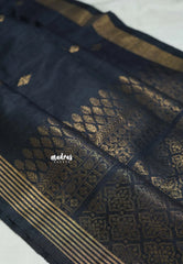 Charcoal Black - Kumudavalli - Pure Jute Silk Saree Lines Weaving Border with Buttas - Perfect for Wedding Functions
