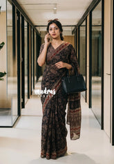 Jet Black - Pure Kota Doriya with Bagru Printed Saree - Perfect for Office Wear | Casual Wear | Summer Wear